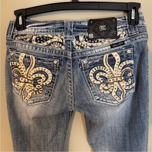 Miss Me Light Blue Denim Boot Cut Jeans with Cream Fleur-de-lis Embroidery